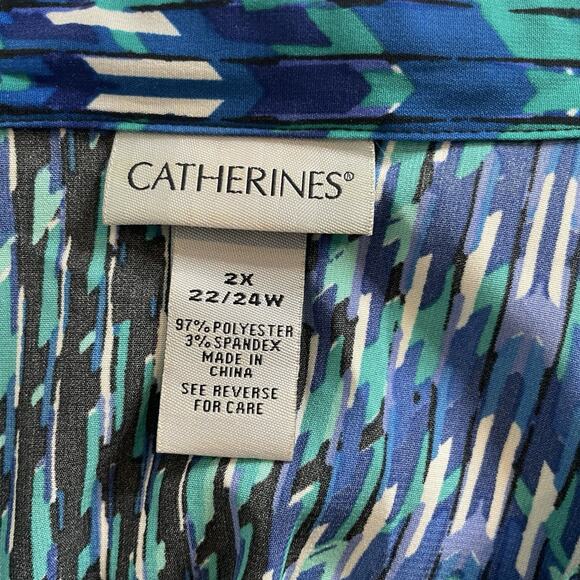Catherines Women's Green Blue Chevron Button Front Blouse Size 2X‎ Career Flowy - Picture 5 of 12
